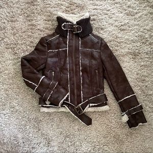Mango brown faux shearling aviator jacket sz XS